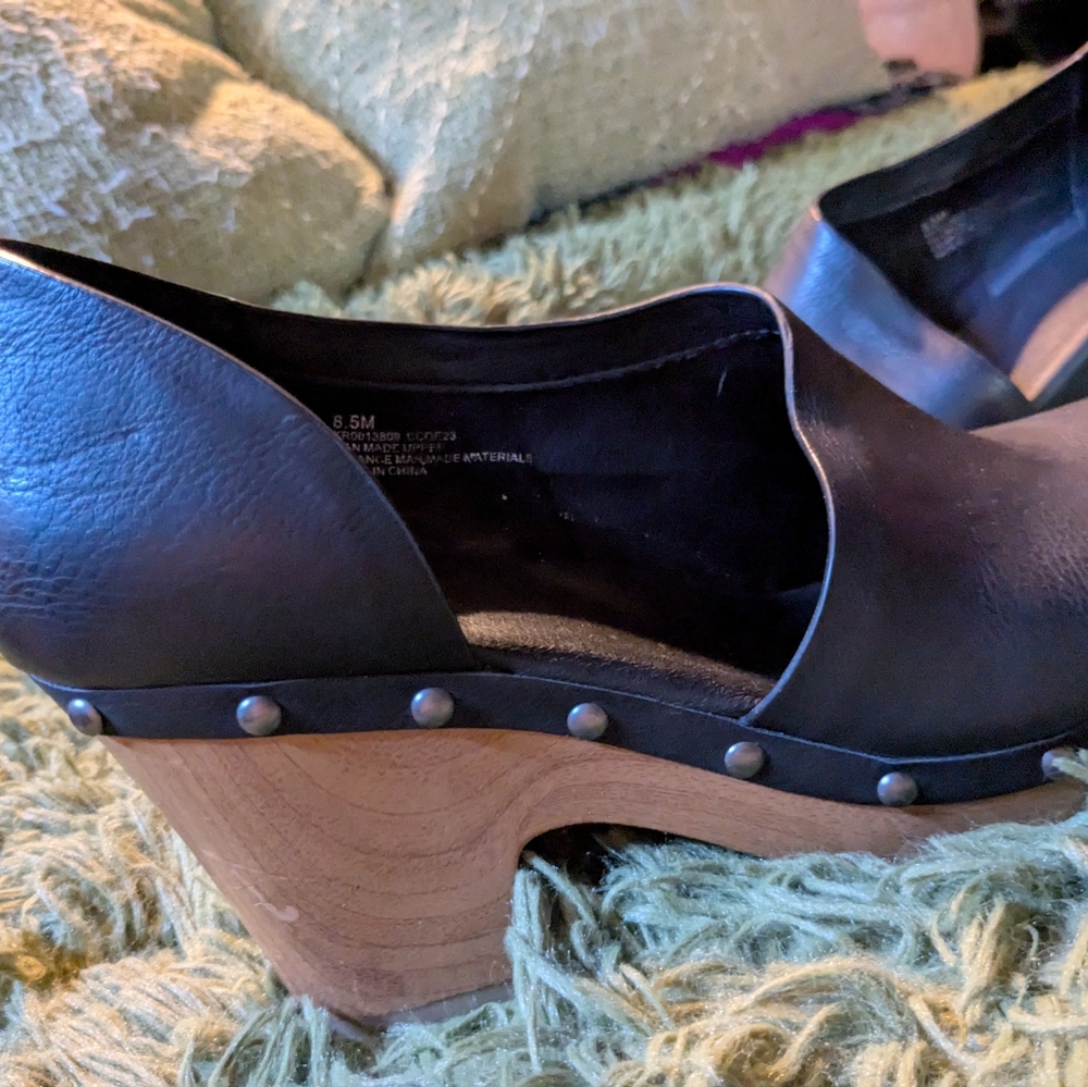 Korks Black Leather Wedge Clogs, Cut Out Design